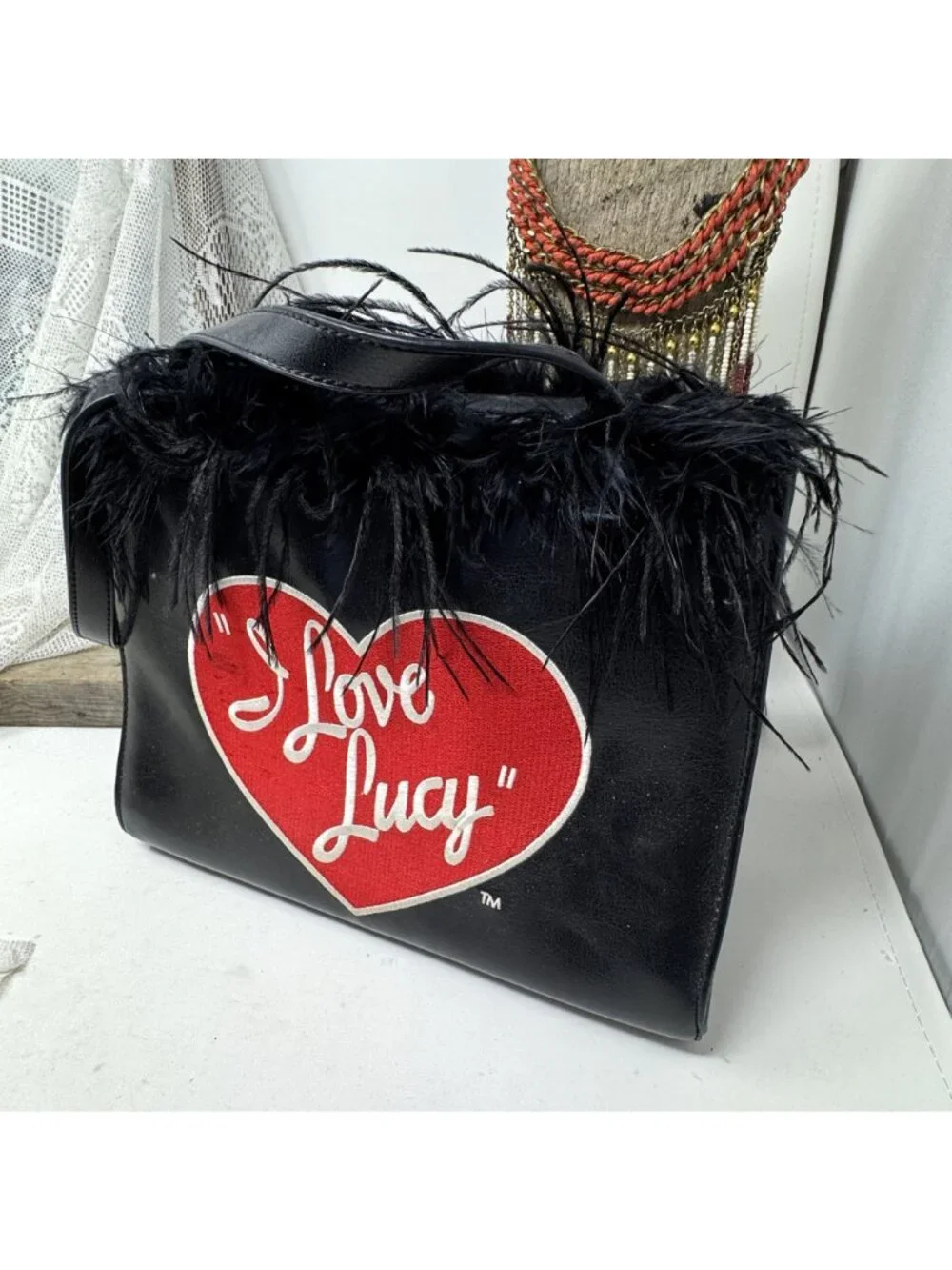 I Love Lucy Purse Black Feather Trim Faux Leather Bucket Purse